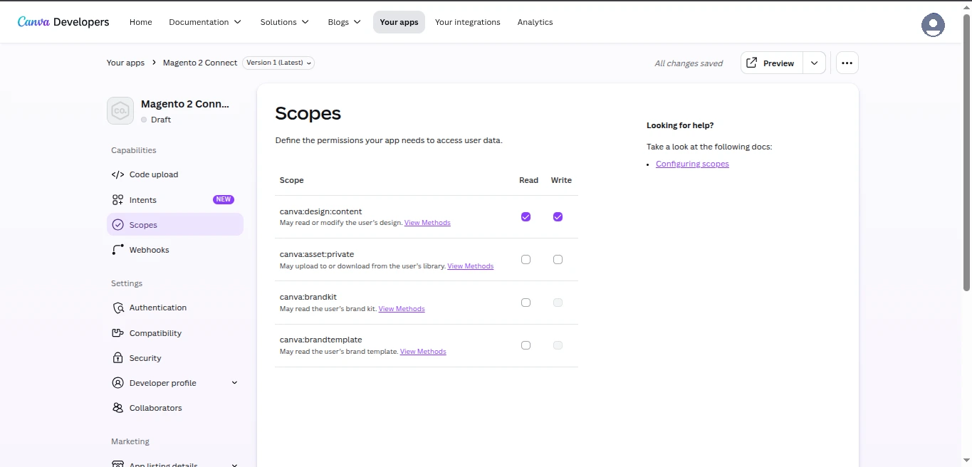 Configure Canva App Scopes