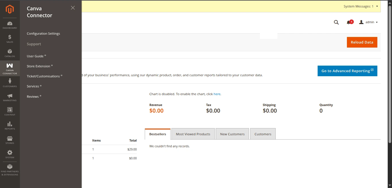 Magento Admin Canva Connector Menu and Support Navigation