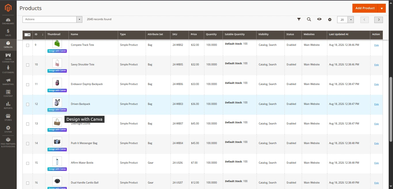 Magento Catalog Products Grid with Design with Canva Action Button
