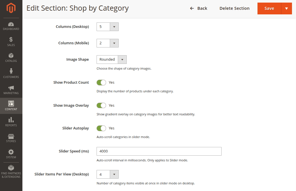 Magento Admin Category Grid layout settings