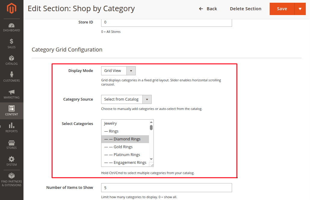 Magento Admin Category Grid main settings