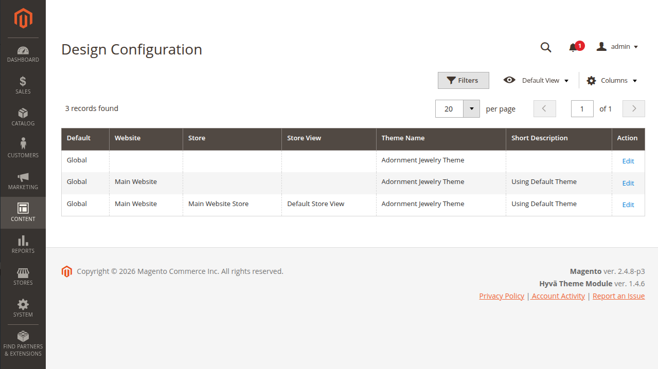 Magento Admin Design Configuration showing Adornment Jewelry Theme applied