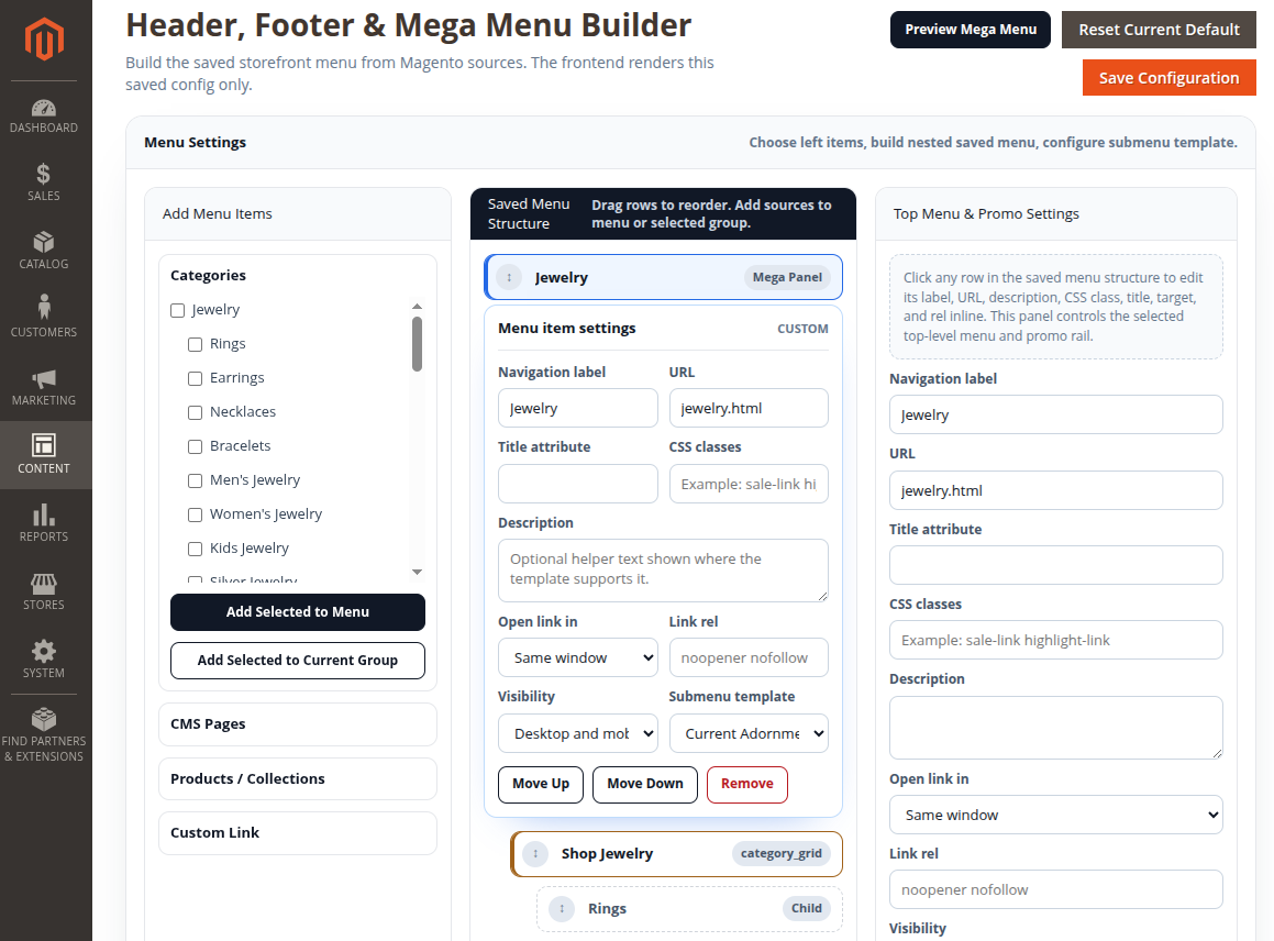 Header, Footer and Mega Menu Builder saved menu structure