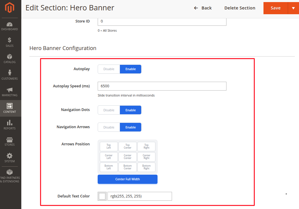 Magento Admin Hero Banner configuration settings