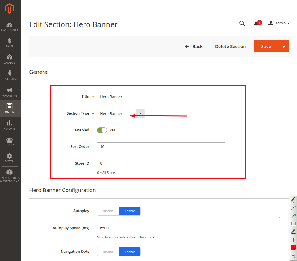 Magento Admin Edit Section page for Hero Banner
