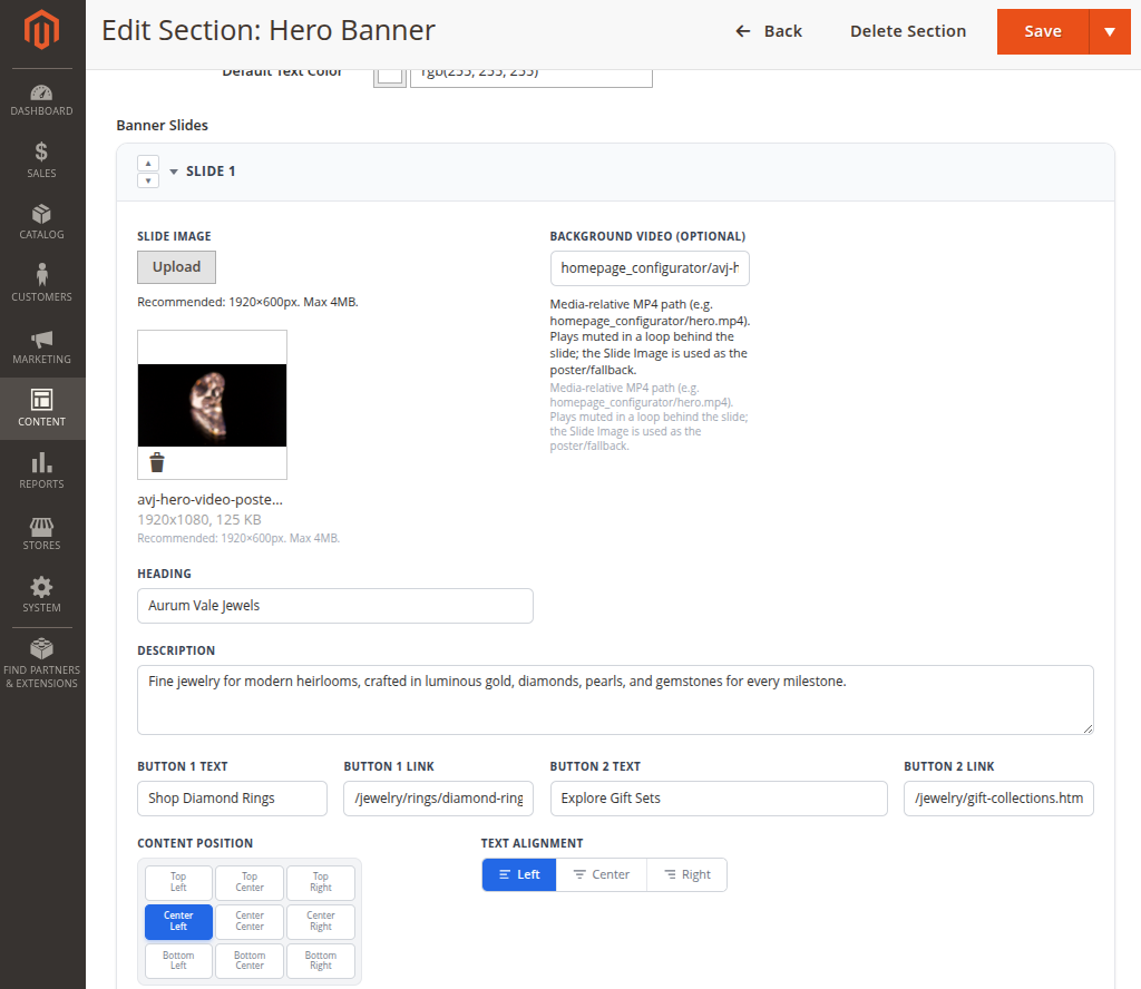 Magento Admin Hero Banner slide fields