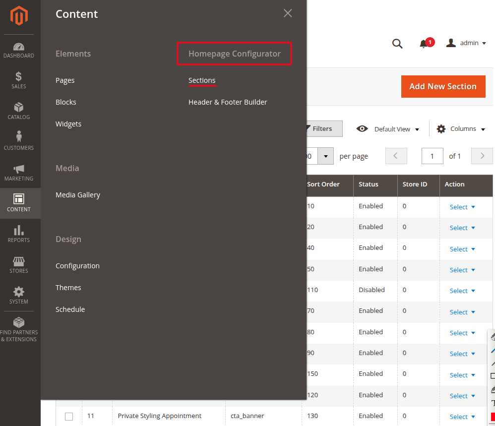 Magento Admin Content menu showing Homepage Configurator Sections