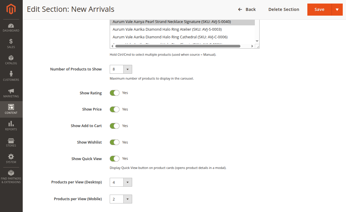 Magento Admin Product Carousel display and card settings