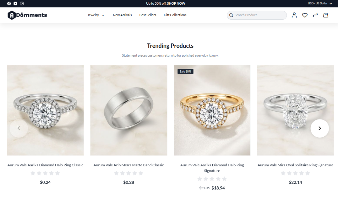 Trending products carousel on the storefront