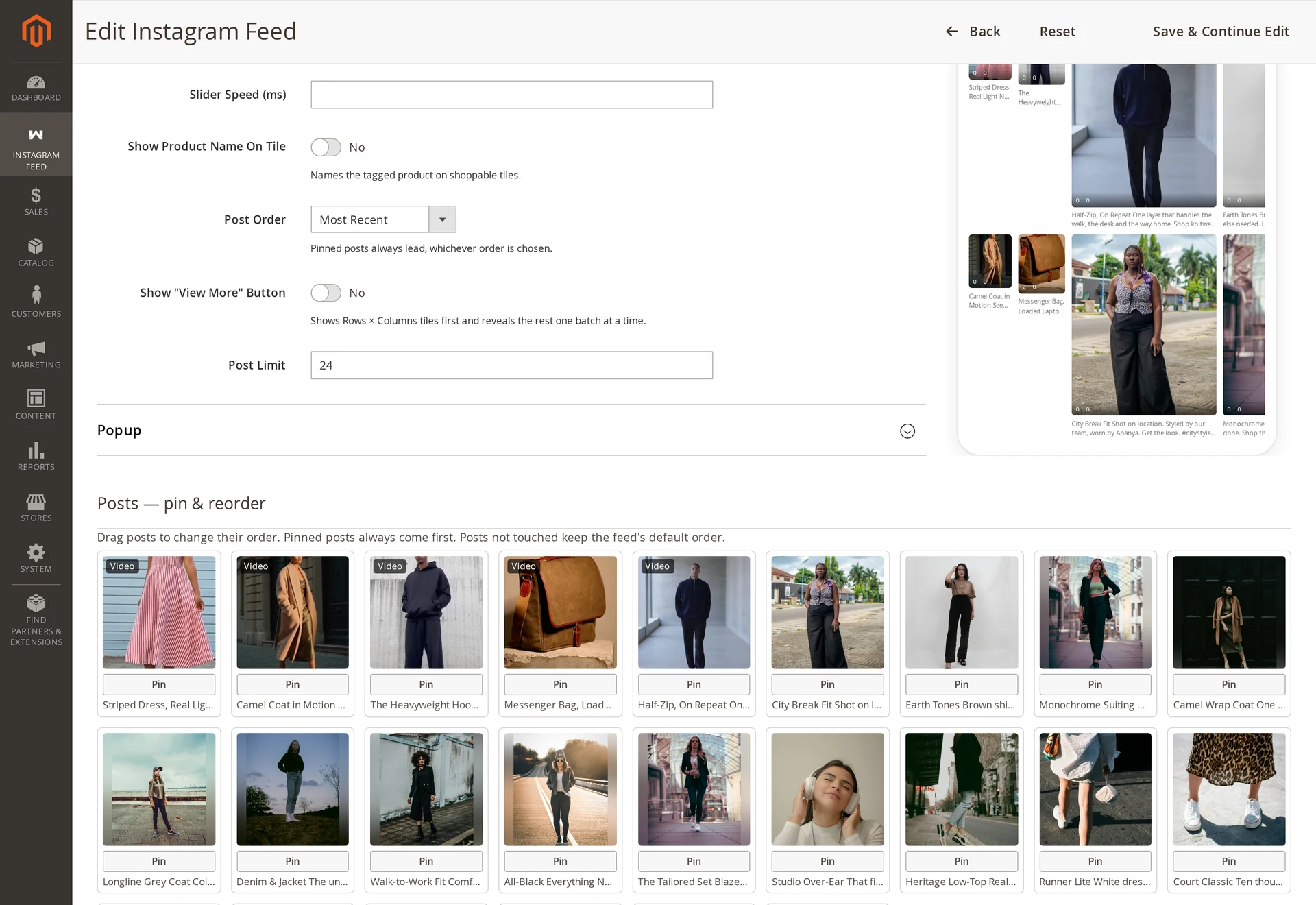 The Popup section of the feed form with click behaviour, product card placement and follow link placement