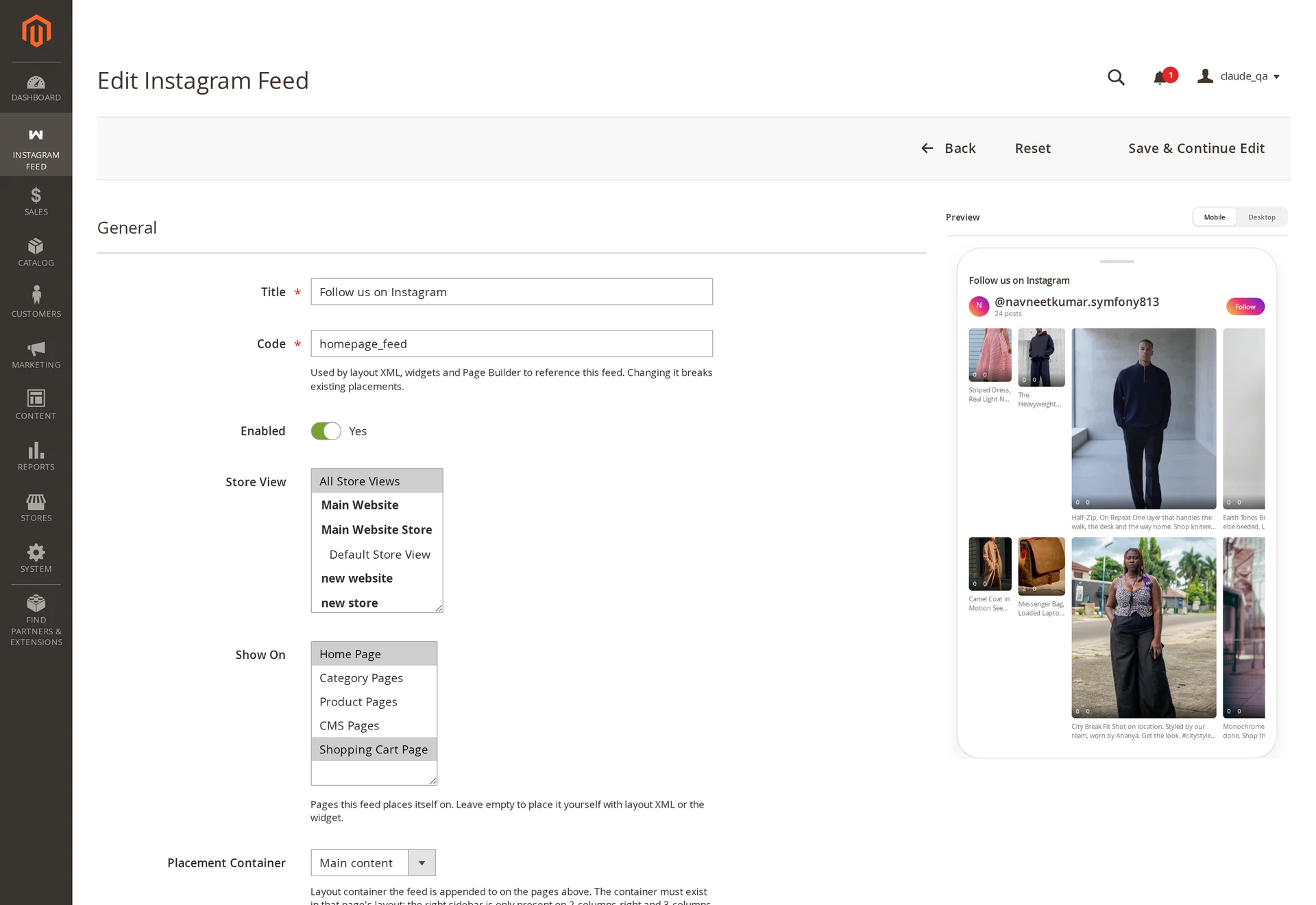 The live preview pane rendering the feed in mobile width beside the form