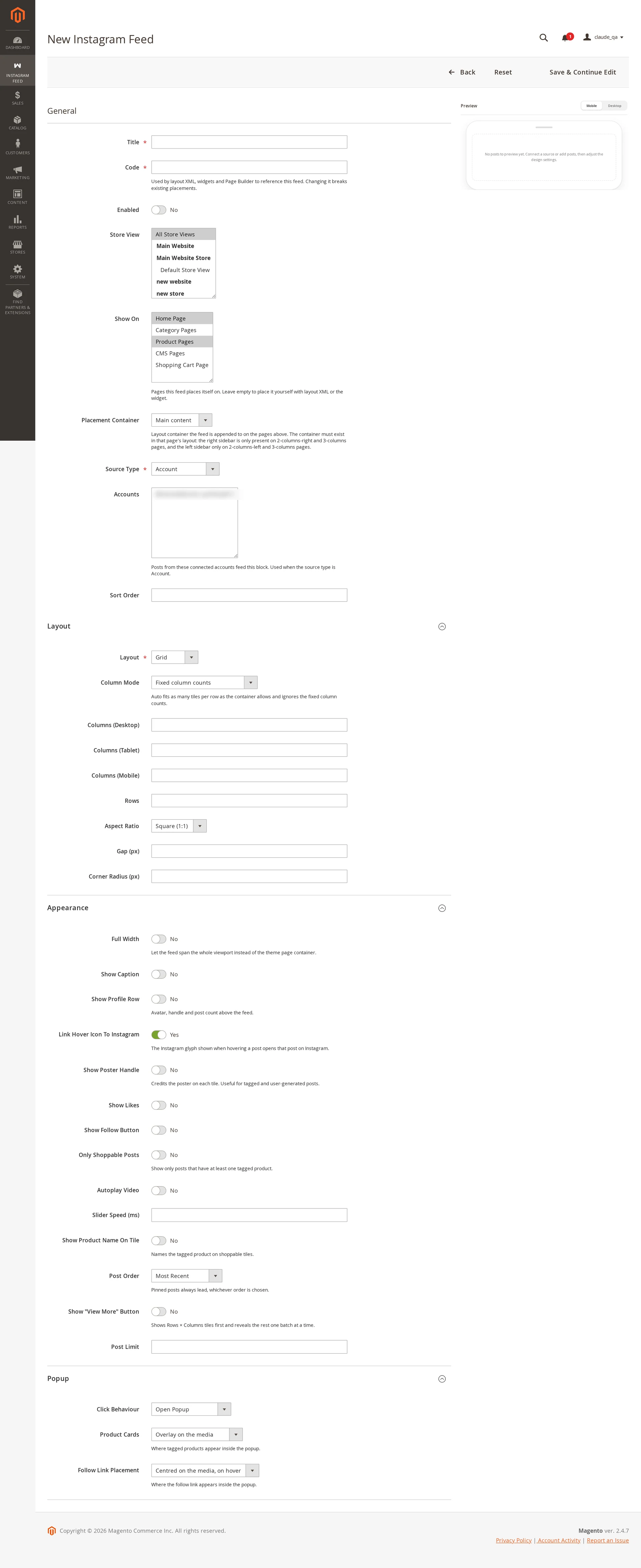 The New Instagram Feed form with empty title and code fields and an empty preview pane