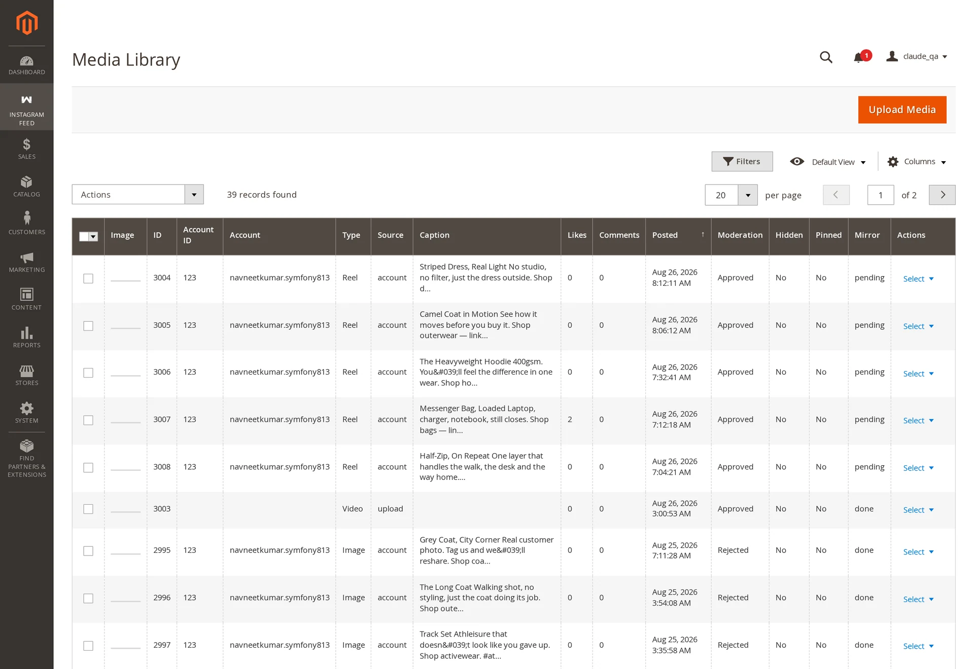 The Media Library grid with thumbnails, account, type, source, caption, moderation state and per-row actions