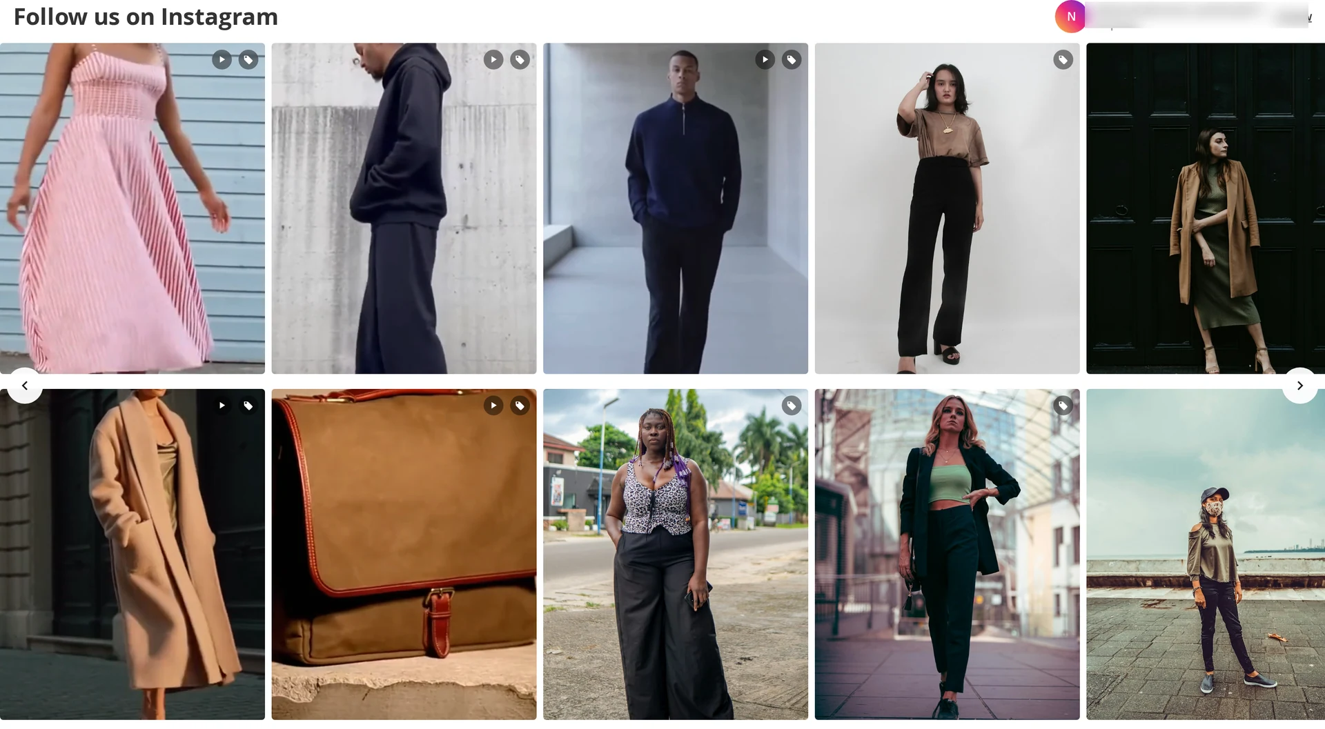 An Instagram feed on the storefront: the account's posts in a row under a heading, with the handle, post count and a Follow link, and badges marking shoppable and video posts
