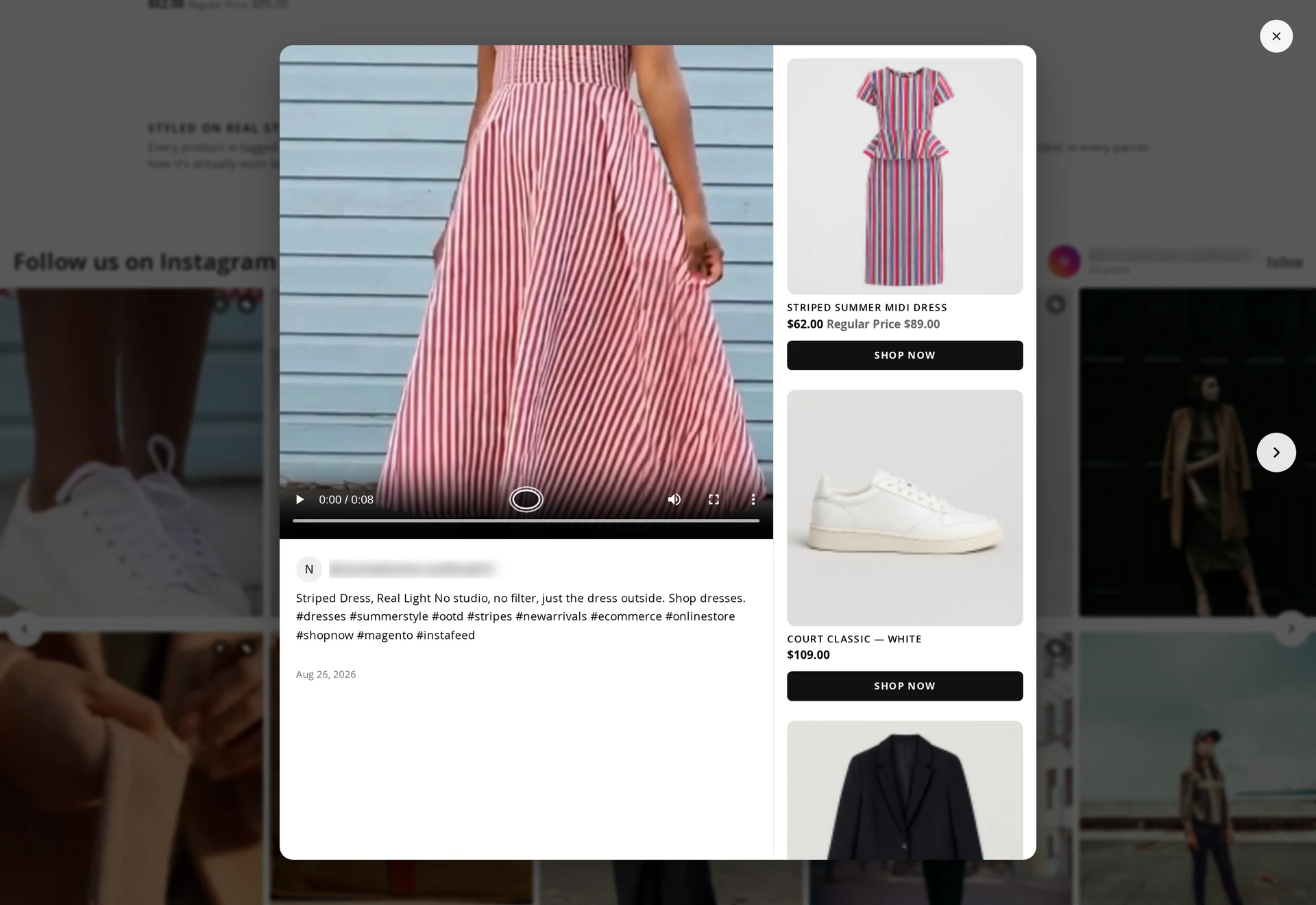 The popup open over the page with product cards below the media