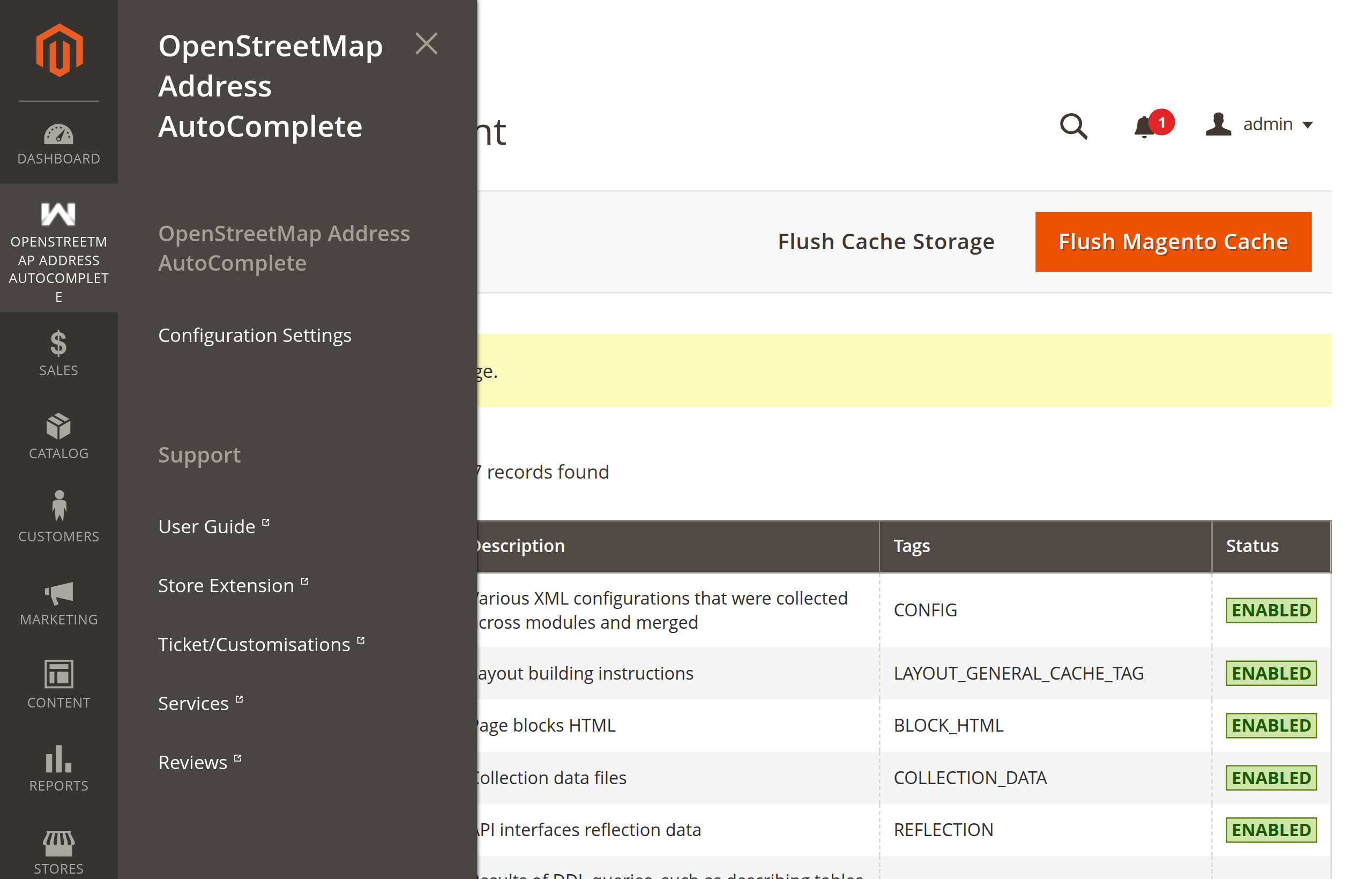 Admin sidebar showing OpenStreetMap Address AutoComplete menu with Configuration Settings and Support links