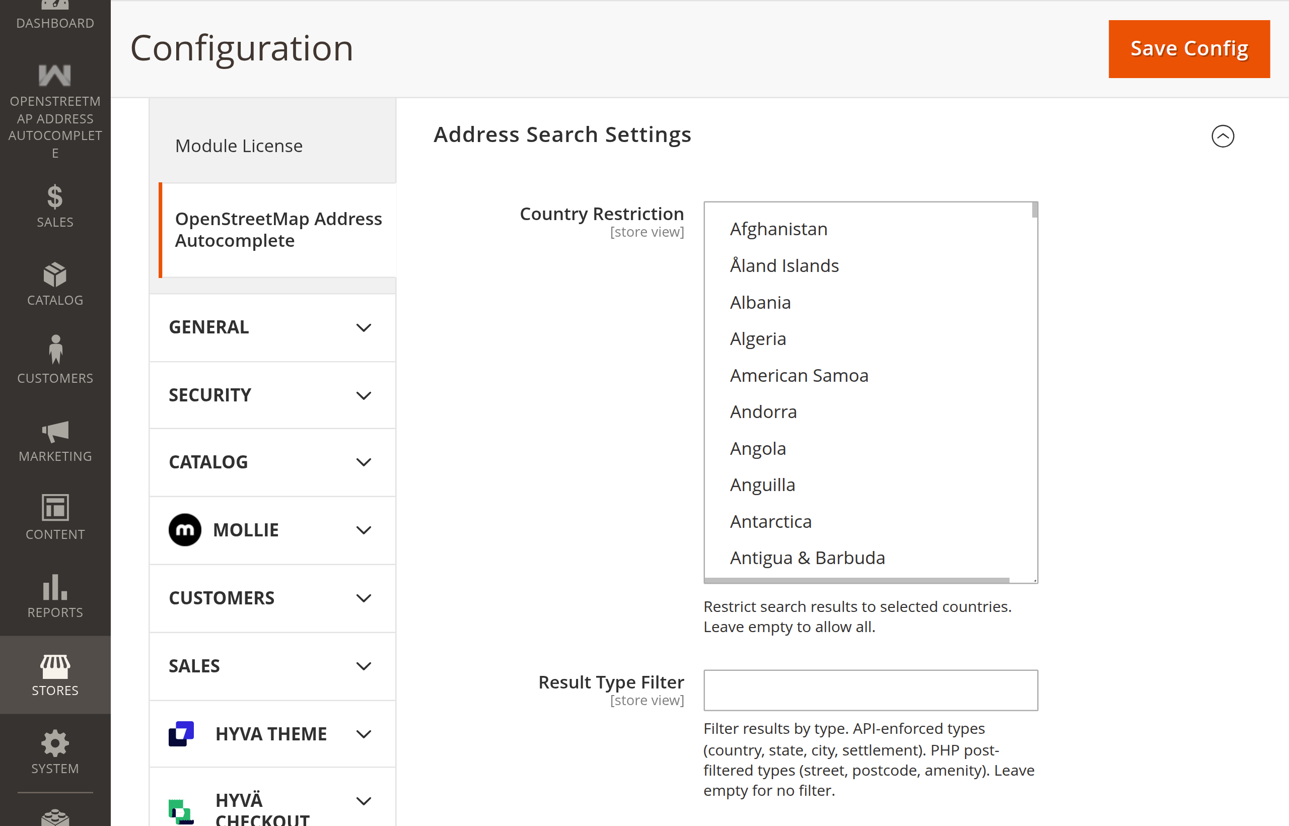 Address Search Settings — Country Restriction multiselect and Result Type Filter
