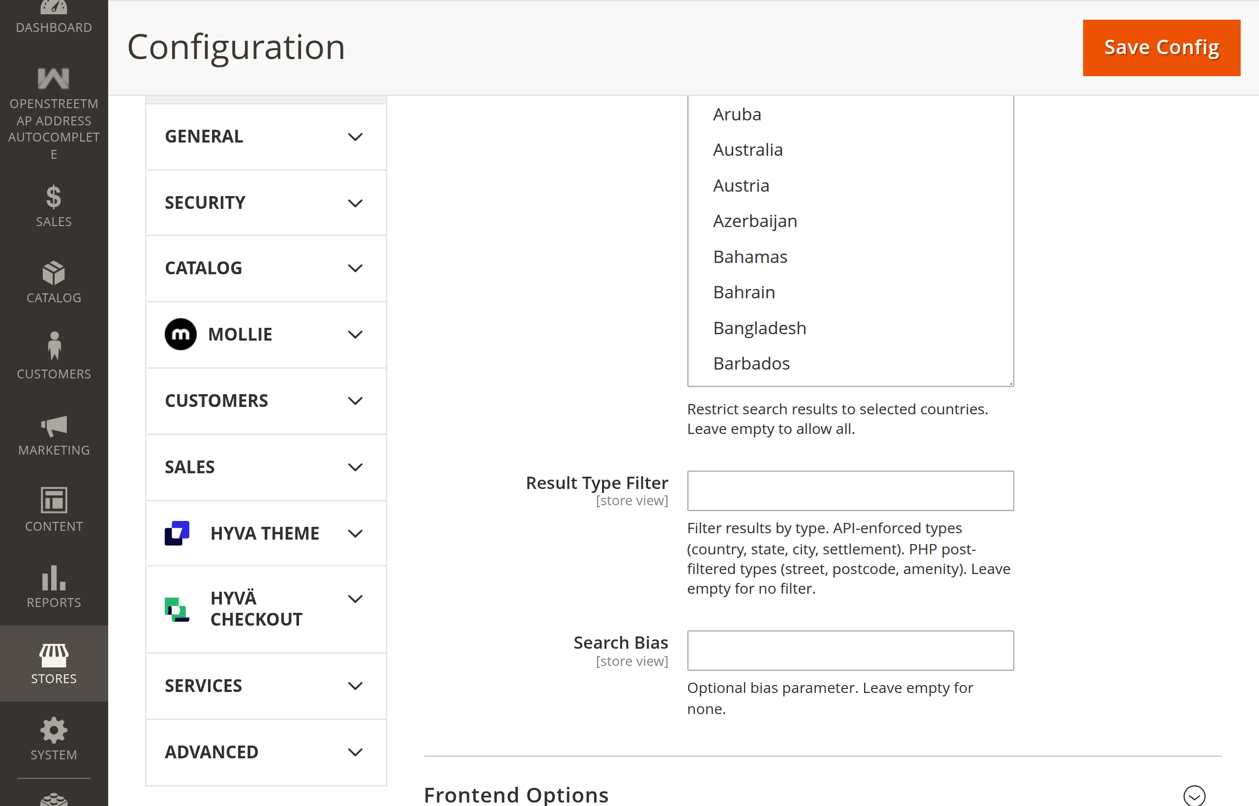 Address Search Settings — Country list continuation, Search Bias field, and Frontend Options header