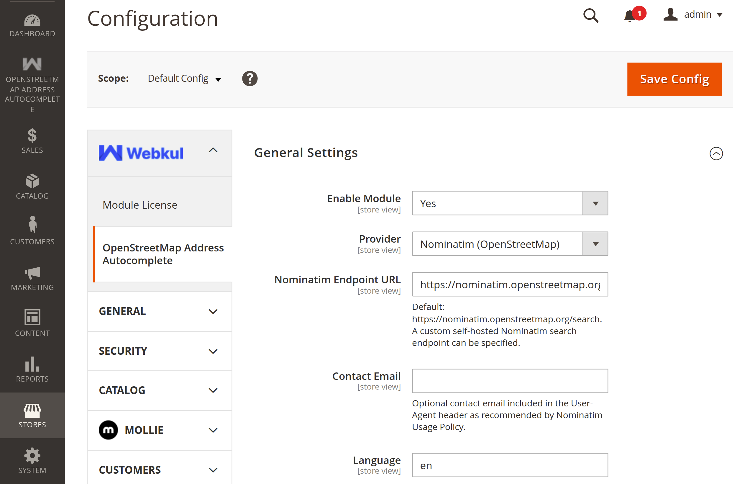 General Settings — top half showing Enable Module, Provider, Endpoint URL, Contact Email, and Language