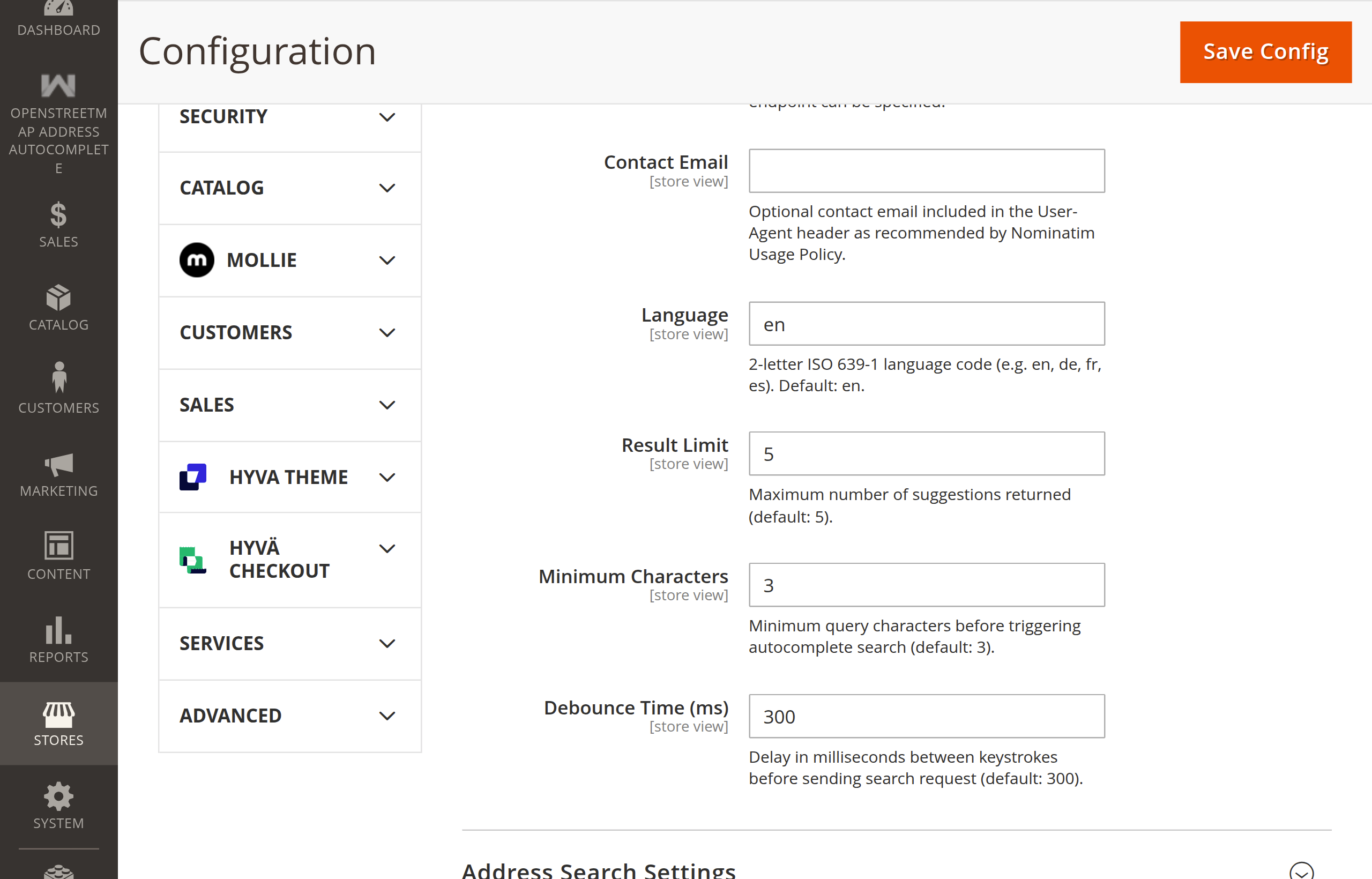 General Settings — bottom half showing Language, Result Limit, Minimum Characters, and Debounce Time