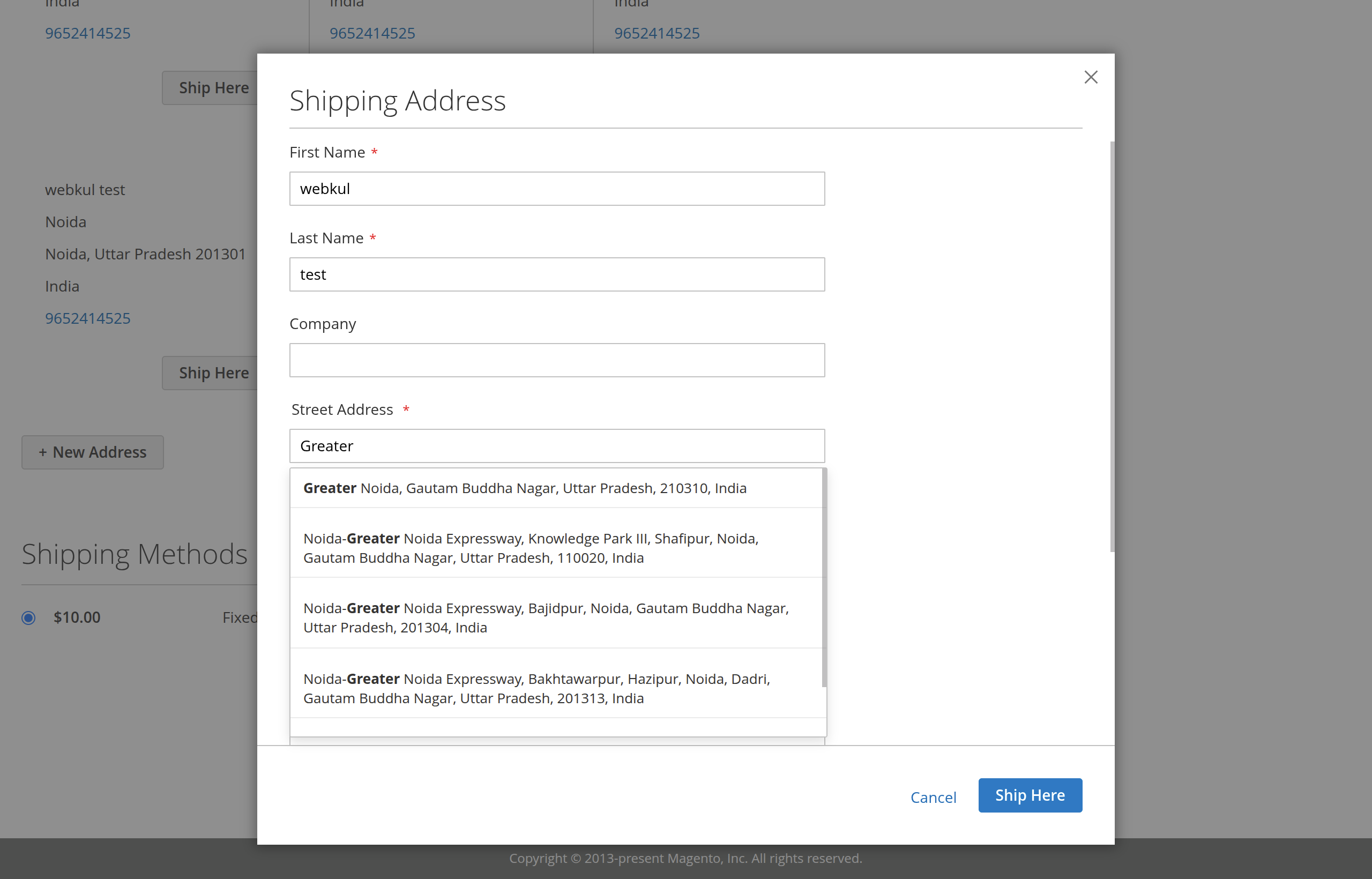 Checkout new shipping address modal showing address autocomplete suggestions on Luma theme