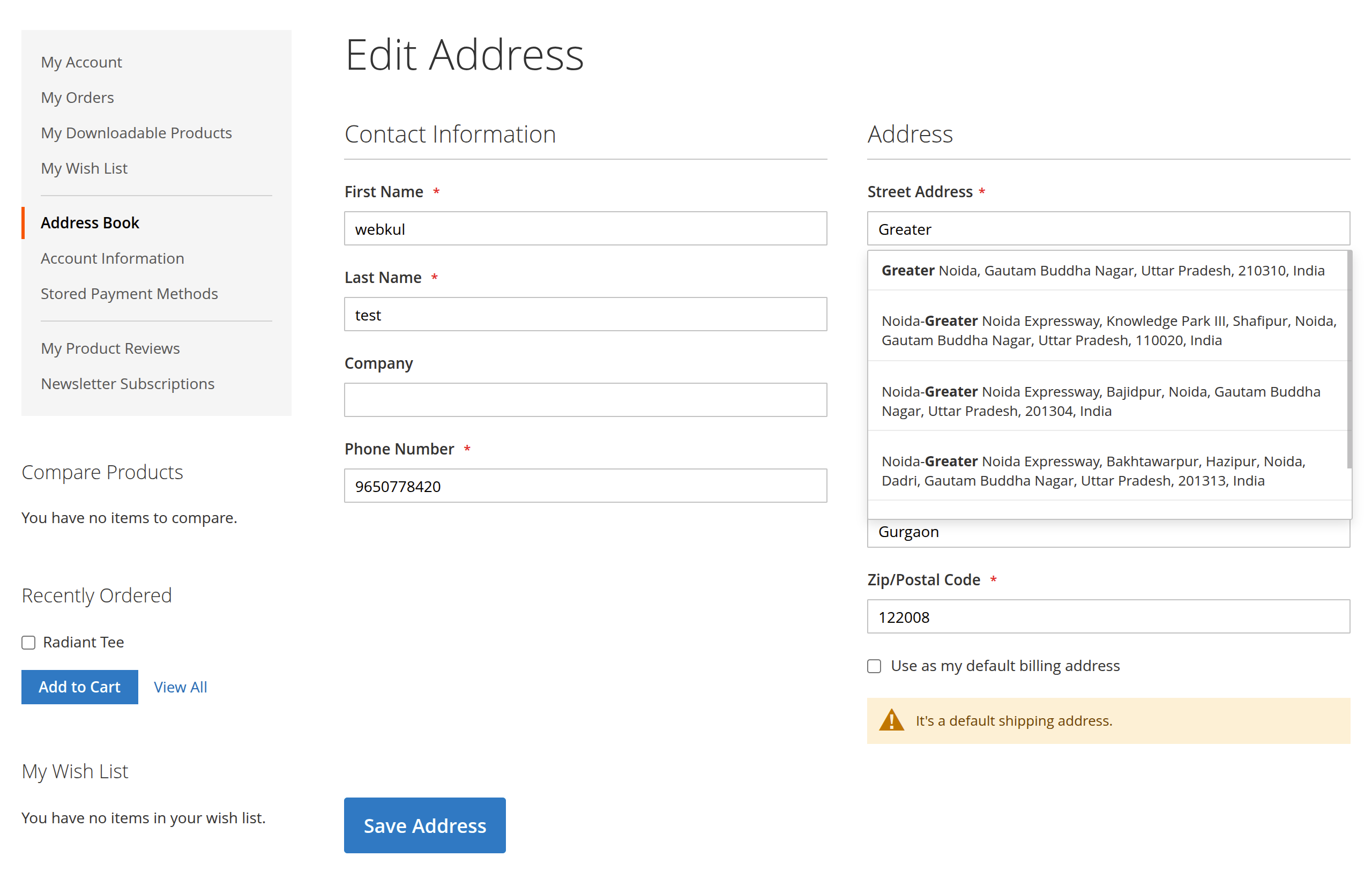 Customer account address book — Edit Address form with live autocomplete dropdown