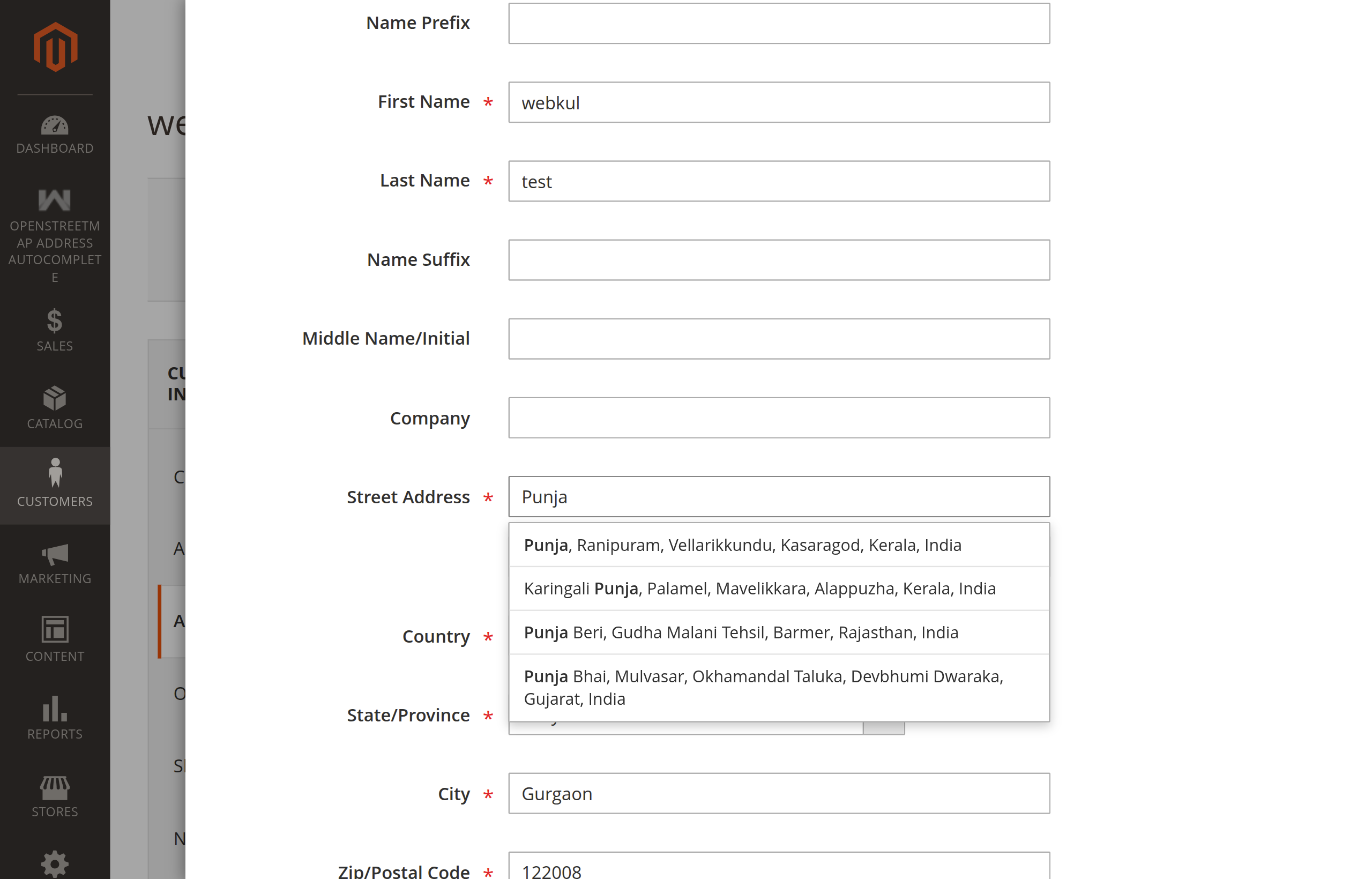 Customer address edit page showing address field auto-populated from selected suggestion