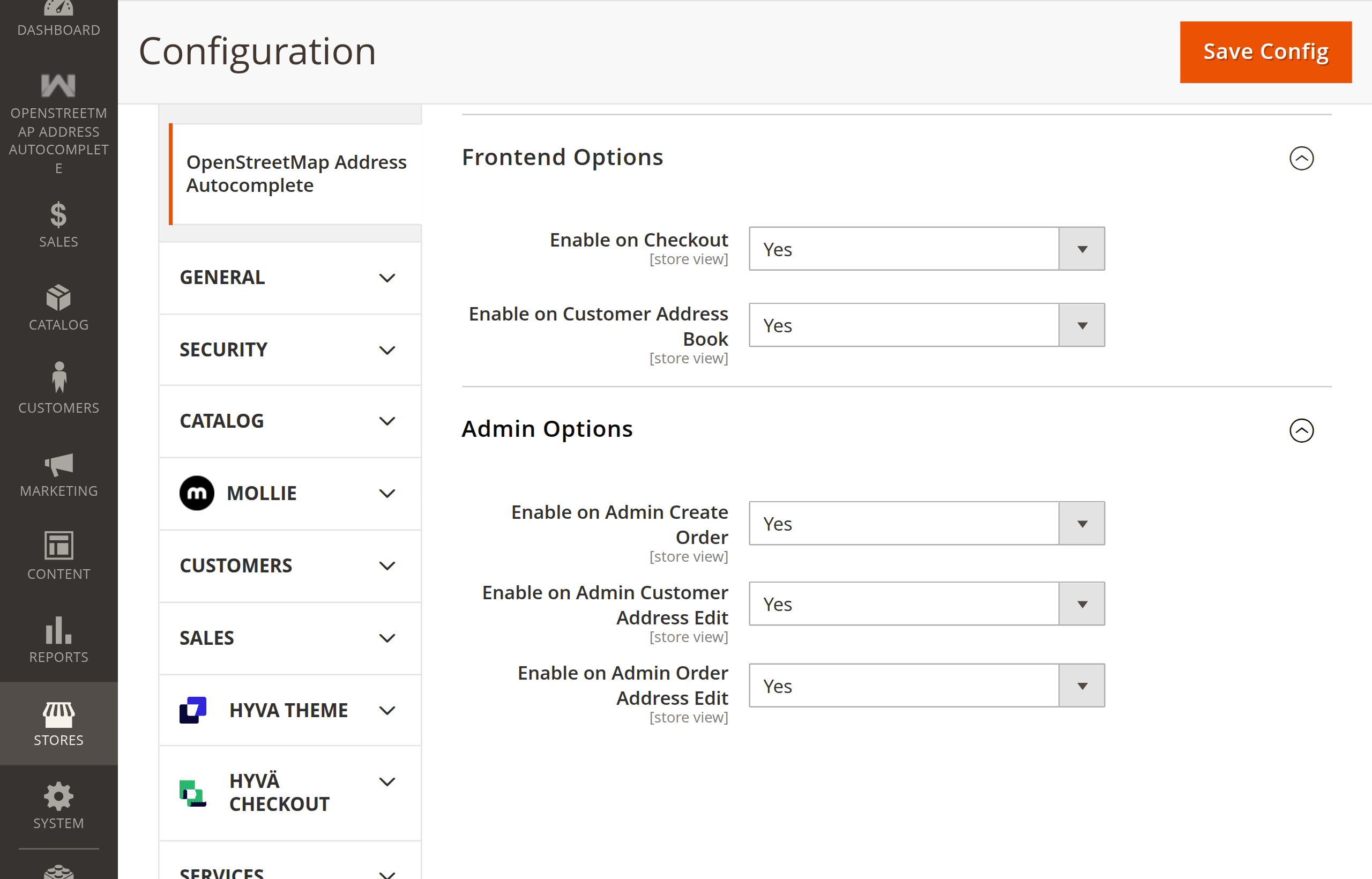 Frontend Options and Admin Options configuration sections showing toggle settings for each area