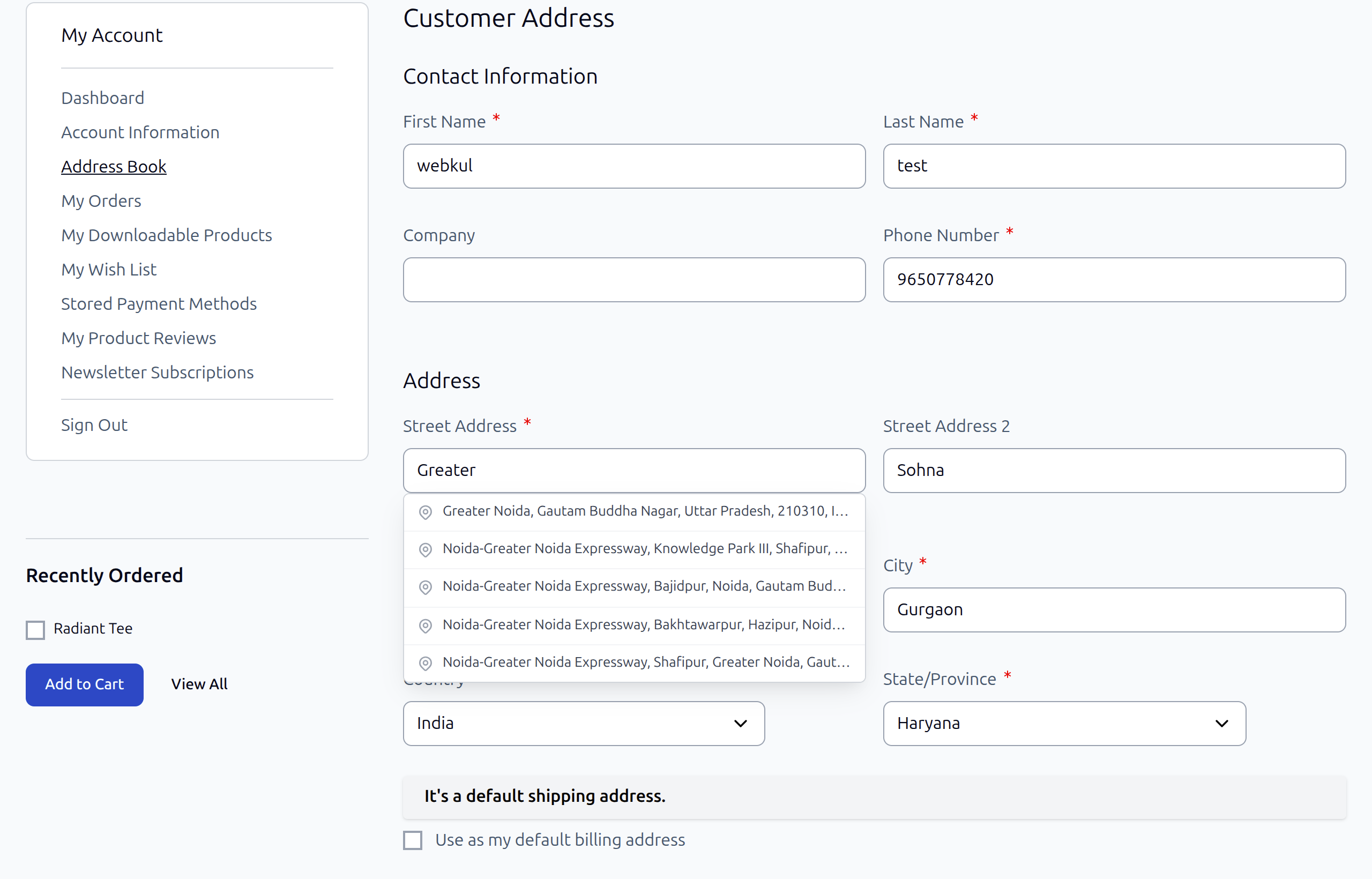 Hyvä customer address form showing autocomplete dropdown for street address field