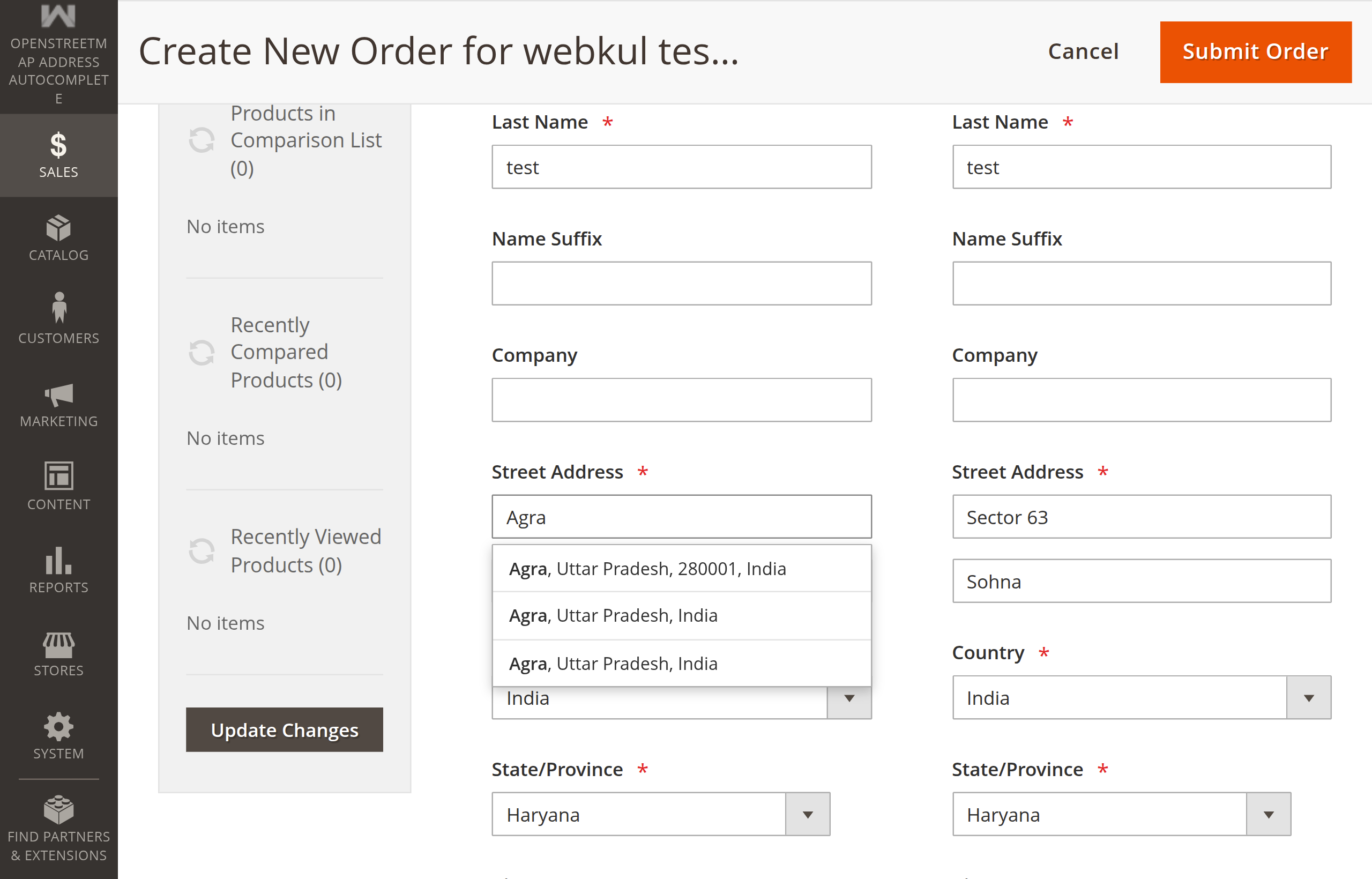 Admin Create New Order screen with autocomplete suggestions appearing in the Billing address street field