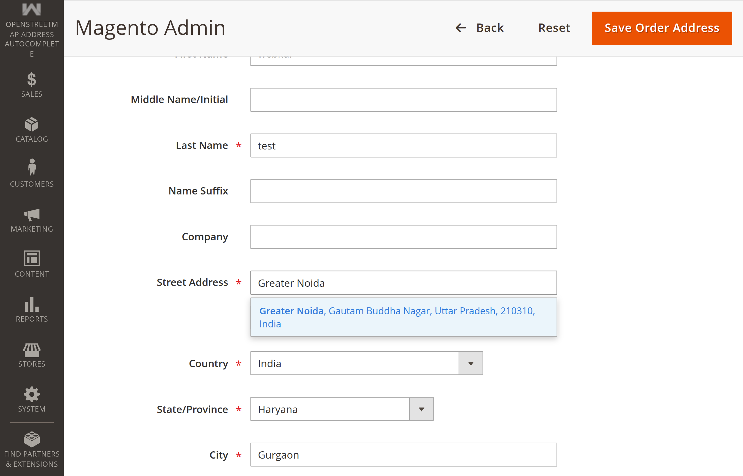 Admin Order Address edit page with autocomplete suggestion highlighted in the street field