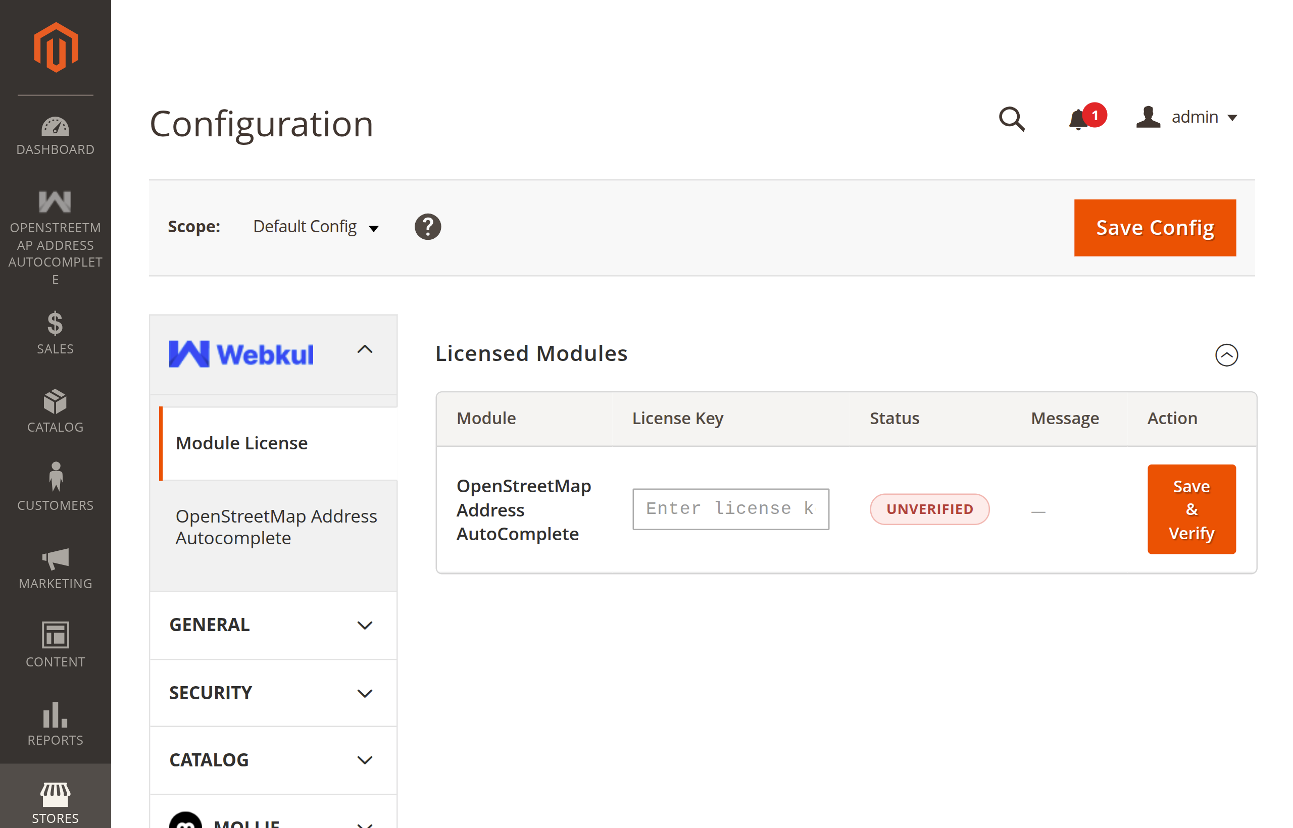 OSM Module License Verification screen — enter the license key and click Save & Verify